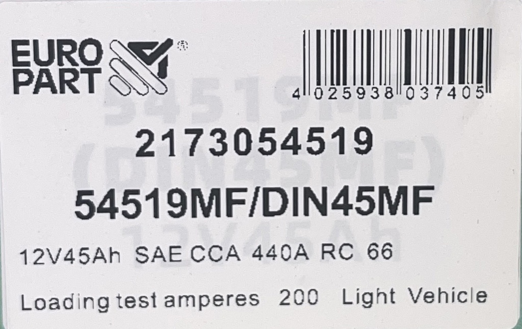 MF Light Vehicle Battery 12V 45Ah (54519MF / DIN45MF)