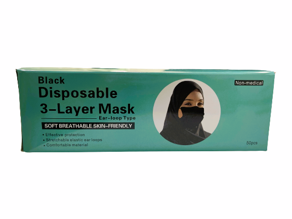 Disposable 3-Layer Face Mask, Black (Pack of 50)
