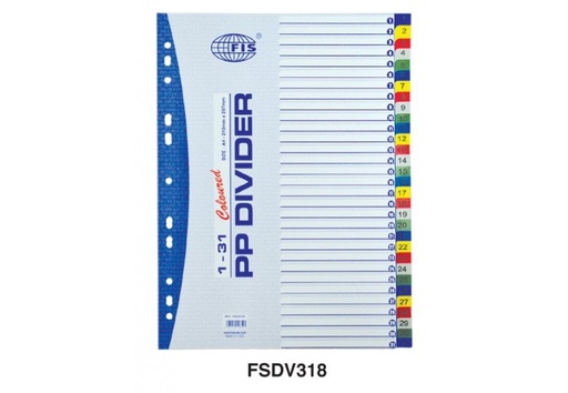 FIS FSDV318 PP Divider - A4, 1-31 Color (Plastic)