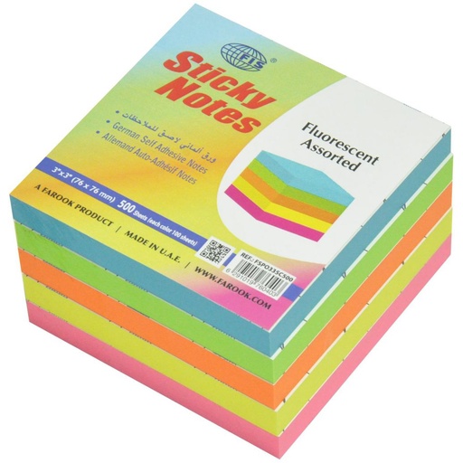 FIS FSPO335C500 Sticky Note Pad 3 x 3" Fluorescent Assorted