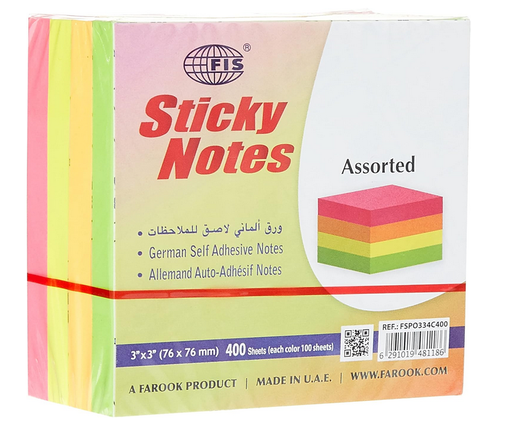 FIS Sticky Notes Set, FSPO334C400, 400 Sheets, 3 x 3 Inch, Assorted