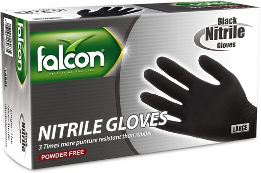 Falcon Nitrile Gloves , Powder Free , Black , Large ( Pack of 100)