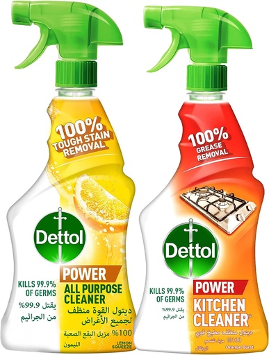 Dettol Power All Purpose Kitchen Cleaner Spray , 500ml , Lemon Squeeze + Dettol Kitchen Power Cleaner Trigger Spray Orange Burst 500ml (Promo Offer)