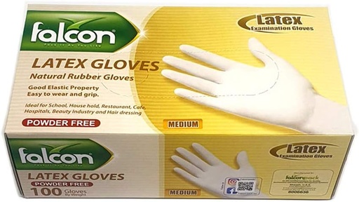 Falcon Latex Examination Gloves (Powder-Free) ,Medium , (Pack of 100)