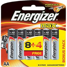 Energizer E91BP12 Alkaline AA Max Battery (Pack of 8 + 4 Free) Box of 10