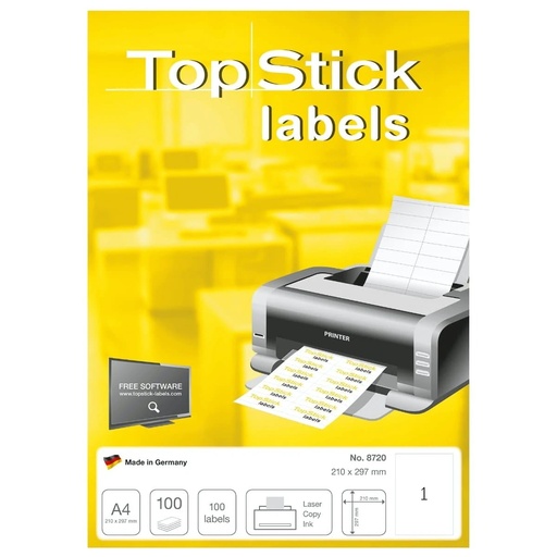 Herma TopStick labels, 99x38m , A4  ,1 label per sheet (Pack of 100  (No. 8720)