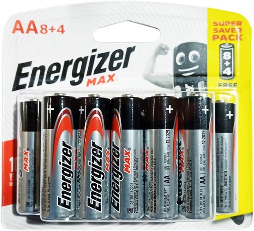 Energizer E91BP12 Alkaline AA Max Battery (Pack of 8 + 4 Free)
