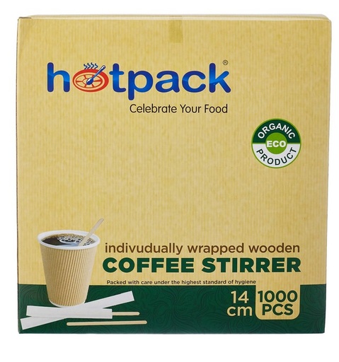 HOTPACK Disposable Individually Wrapped Wooden Coffee Stirrer, 14cm (Pack of 1000)