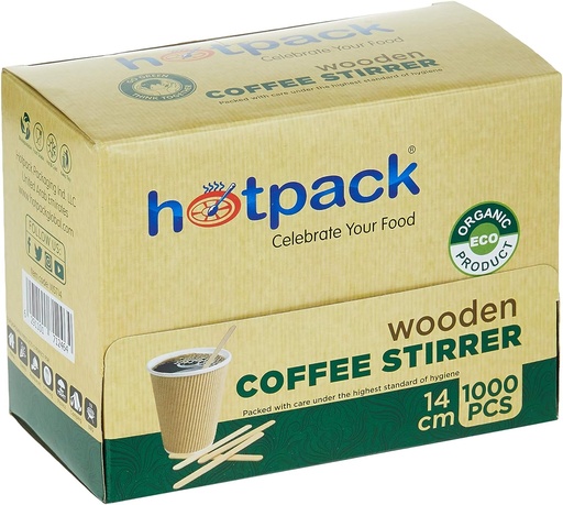 HOTPACK Disposable Wooden Coffee Stirrer, 14cm (Pack of 1000)