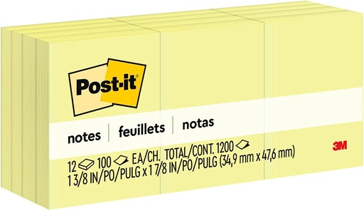 3M 653 POST-IT NOTES 1.5X2 INCHES, CANARY YELLOW (12pads /pack)