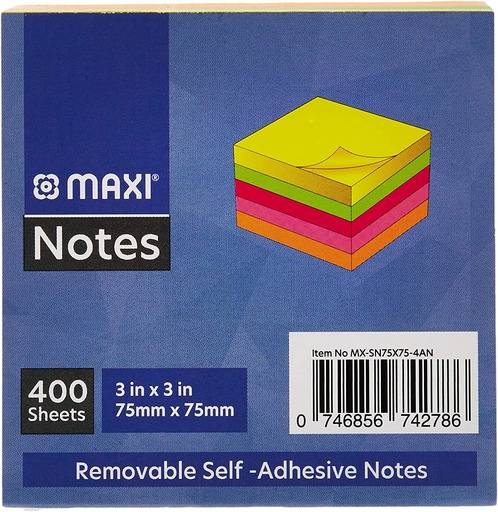 Maxi MX-SN75X75-4AN Sticky Notes , 3 x 3" Assorted Neon Color 400 Sheets (6 pads)