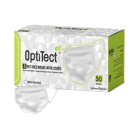 OptiTect Disposable 3-Ply Face Mask , White (Pack of 50)