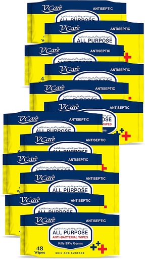 V Care All Purpose Anti Bacterial Wipes, 48 Wipes (Yellow Packaging) ( Pack of 12)