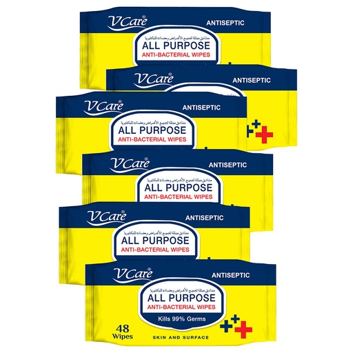 V Care All Purpose Anti Bacterial Wipes, 48 Wipes (Yellow Packaging) ( Pack of 6)