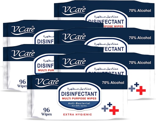 V Care Disinfectant Multi Purpose Anti Bacterial Wipes, (White Packaging) 96 Wipes (Pack Of 6)