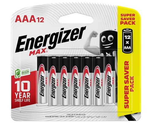 Energizer EP92BP12 Max Alkaline AAA Battery, 1.5 V, 12 Pcs