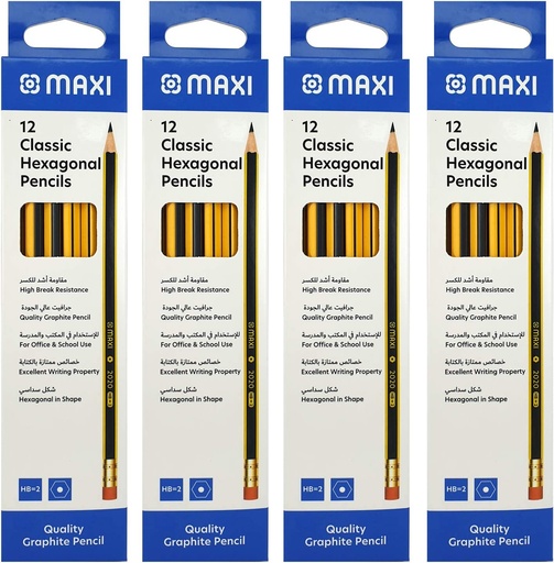 MAXI Classic Hexagonal Graphite HB Pencil With Rubber Tip (Pack of  12)