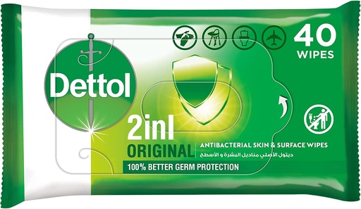 Dettol Original  2-in-1 Antibacterial Skin and Surface Wipes 40 Count