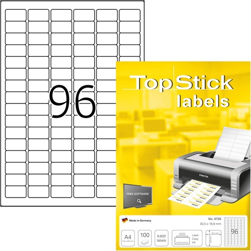 HERMA TopStick 8728 Universal Labels 30.5 x 16.9 mm , A4 96 labels per sheet  , WHITE (Pack of 100)