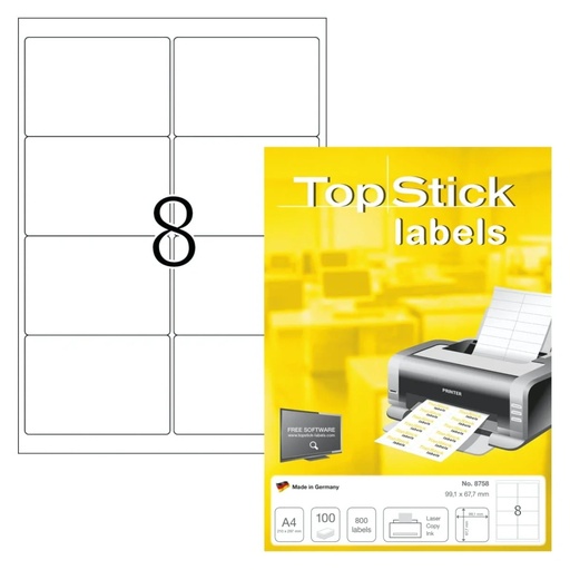HERMA TopStick 8758 Universal Labels 99.1 x 67.7 mm , A4 8 labels per sheet  , WHITE (Pack of 100)