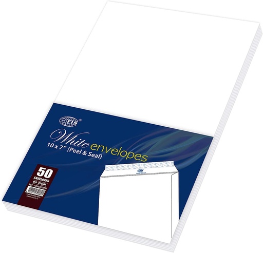 FIS FSWE8033P50 White Envelopes Peel & Seal, A5 (10 x 7 Inch) 80gsm (Pack of 50), Top Opening ( Portrait)