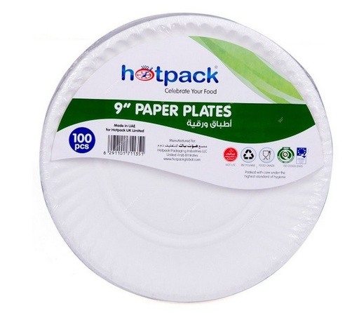 Hotpack PP9 Medium Duty PP9 Disposable Paper Plate , 9 inch (100pcs ) , White