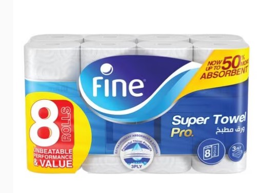 FINE Kitchen Super Towel Pro, 60 Sheets X 3 Ply, (Pack of 8)