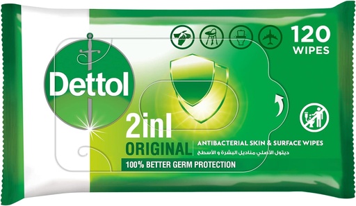 Dettol Original 2 in 1 Antibacterial Skin and Surface Wipes - 120count