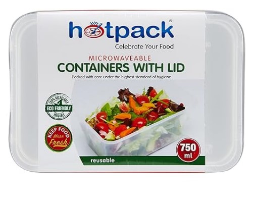 Hotpack Disposable Lunch Box, Food Storage, Microwavable Container 750ml with Lid (Pack of 10)