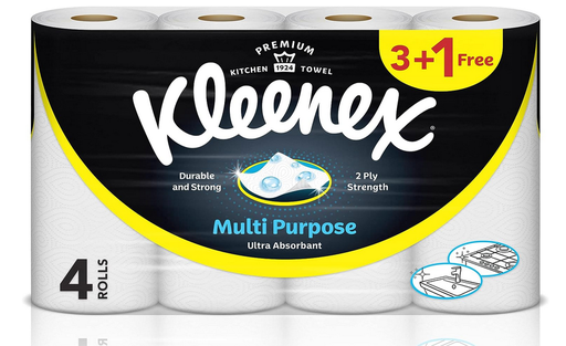 Kleenex Embossed White Multi Purpose Household Kitchen Towel Ultra Absorbant (3+1 Free) 90 sheets , 2ply (size  221x251mm , length 19.89 meters per roll)