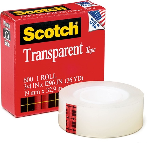 3M 600 Scotch Transparent Tape  3/4 in x 36 yd (19mm x 33m)