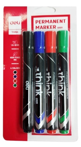 DELI U101 THINK Permanent Marker , Assorted Colors Chisel tip( Pack of  4)