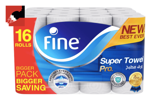 FINE Kitchen Super Towel Pro, 60 Sheets X 3 Ply, (Pack of 16)