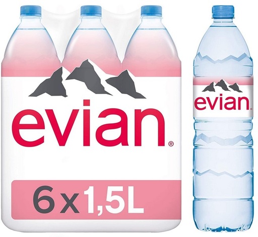 [10203] evian Natural Mineral Water 1.5L, Plastic - Pack of 6 - in shrink wrap