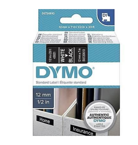DYMO D1 Tape 12mmx7mm White on Black (S0720610/ 45021)