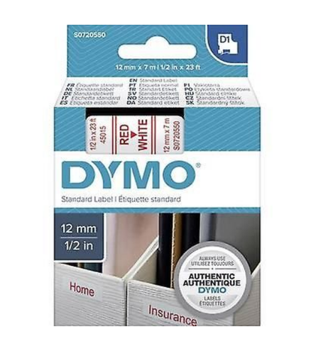 Dymo D1 Tape 12mm x 7m, Red on White (S0720550/45015)