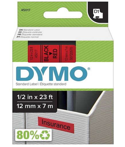 Dymo D1 Tape,12mm x 7m, Black on Red (S0720570/45017)