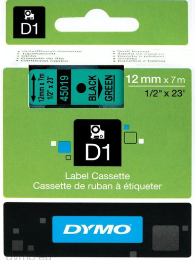 Dymo D1 Tape,12mm x 7m, Black on Green (S0720590/45019)
