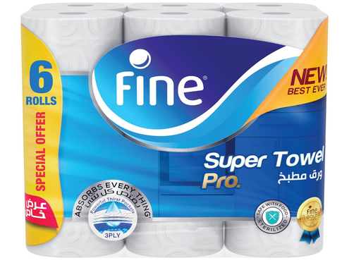 Fine Kitchen Super Towel Pro , Highly Absorbent, Sterilized & Half Perforated ,3-ply ( Pack of  6)