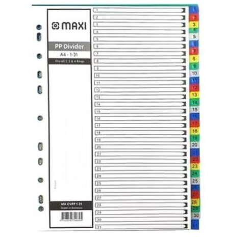 Maxi PP Tab Divider (1-31), Multicolor , A4