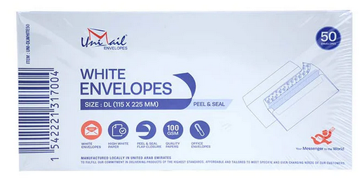 UNIMAIL Peal & Seal White Envelope (9x4 inch) ,115x225 mm (Pack of 50) , (DL) Cheque size