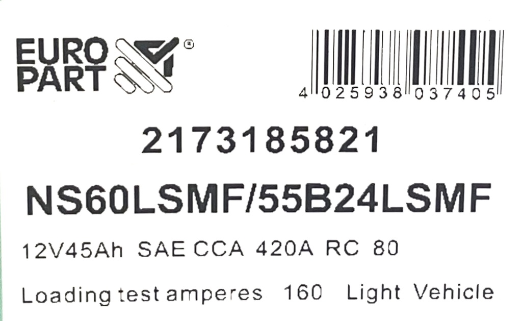 MF Light Vehicle Battery 12V 45Ah (NS60LSMF / 55B24LS)