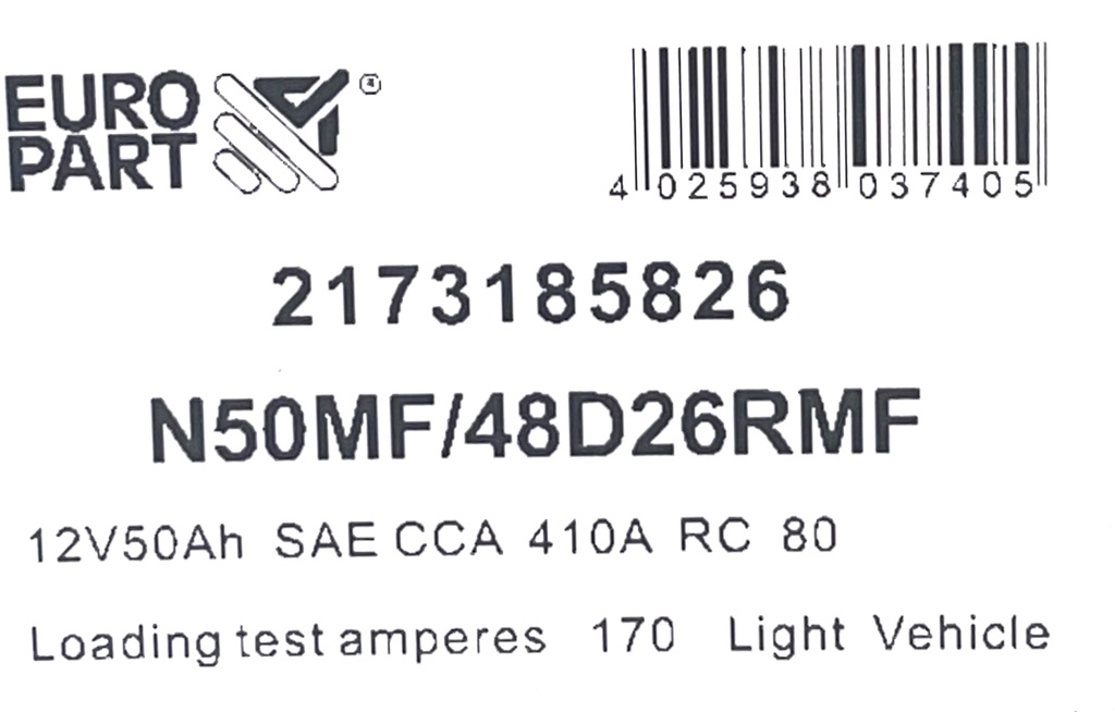 MF Light Vehicle Battery 12V 50Ah (N50R AMP)