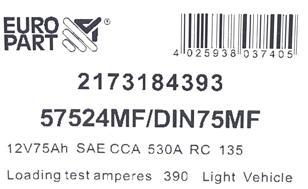 MF Light Vehicle Battery 12V 75Ah (75L DIN MF)