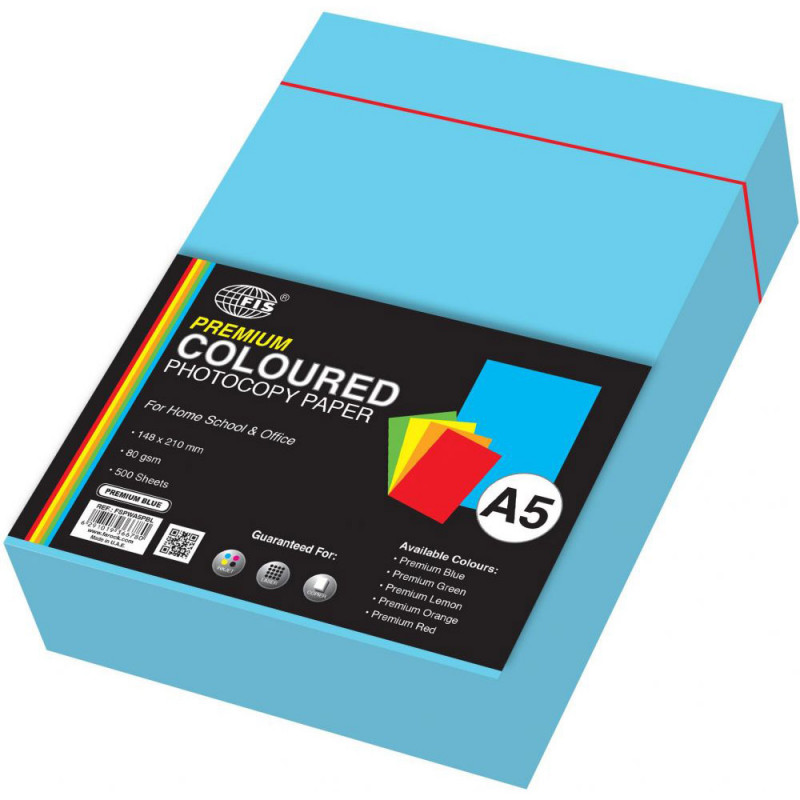 FIS  FSPWA5PBL Premium Color Photocopy Paper, 500 Sheets, 80 gsm, Premium Blue Color, A5 Size