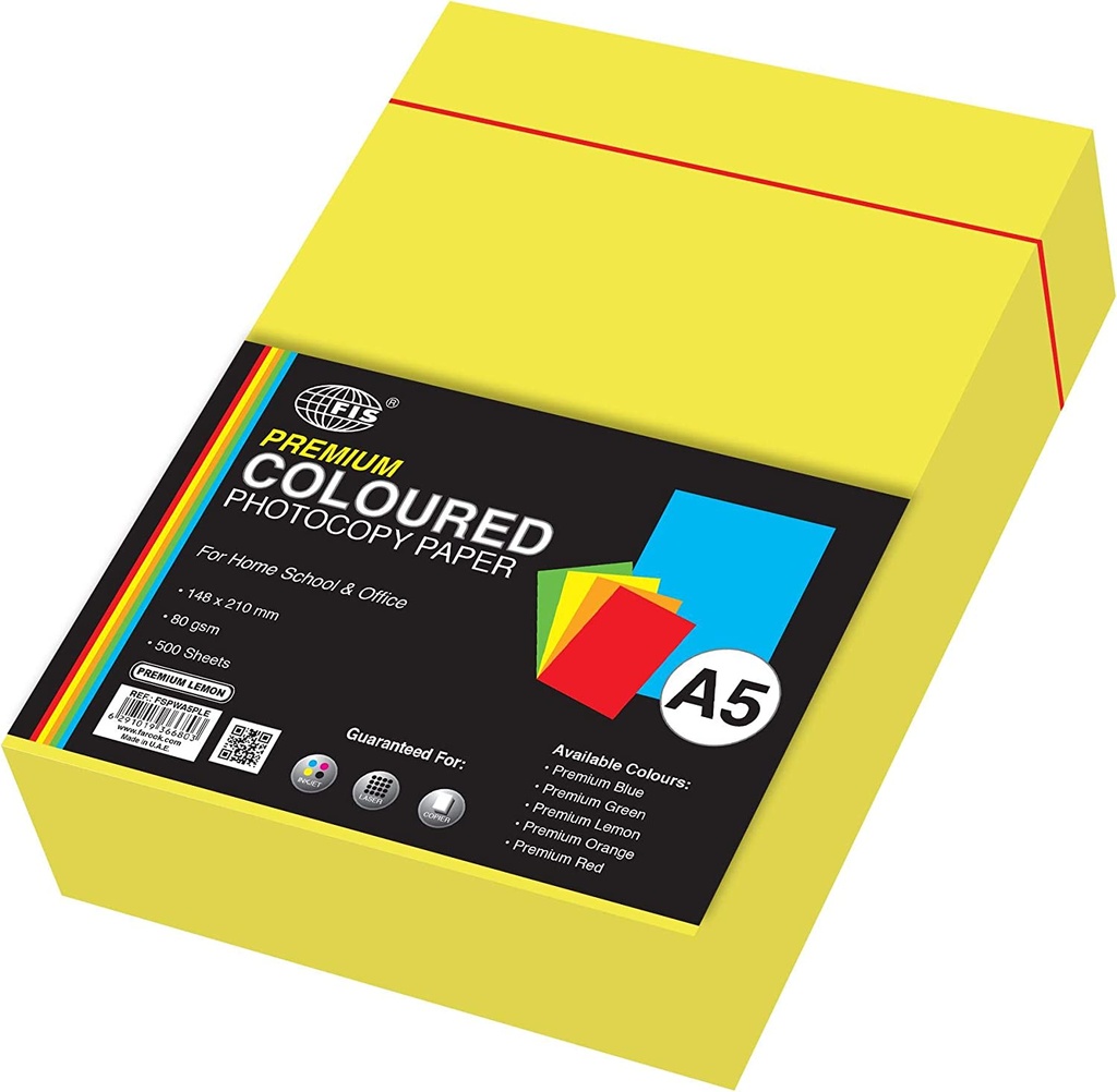 FIS  FSPWA5PLE Premium Color Photocopy Paper, 500 Sheets, 80 gsm, Premium Yellow Color, A5 Size