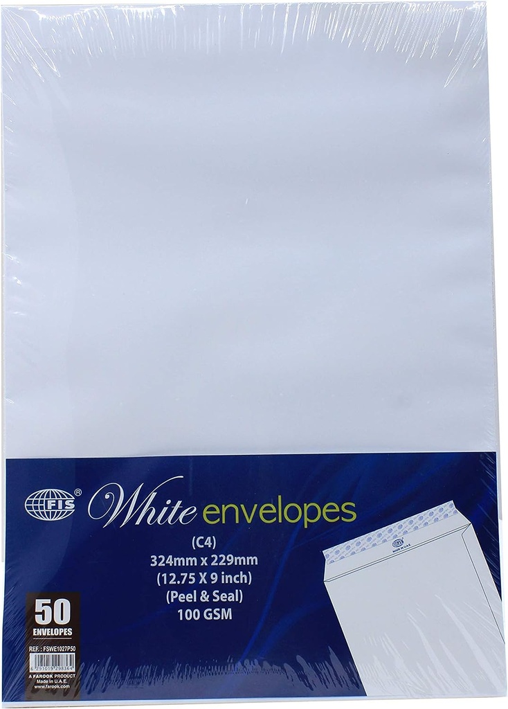 FIS FSWE1027P50 Peel and Seal Envelopes - White, C4 size, 324x229mm,100gsm (Pack of 50)