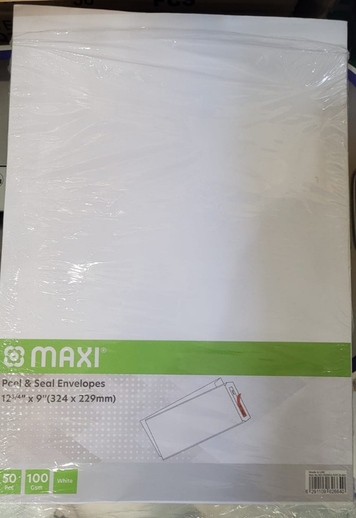MAXI Peel & Seal Envelopes ,  12 3/4" x 9 " ( 324mm x 229 mm) A4 , 100gsm , White (50pcs)