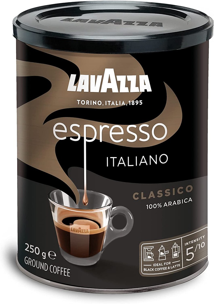 Lavazza Caffè Espresso Italiano Ground Coffee, Medium Roast, Intensity 5 , 250grams (In tin can)