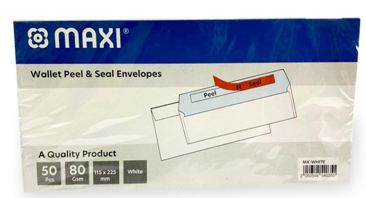 Maxi Wallet peel & Seal Envelopes 80GSM white (DL/ cheque size ) 115X225mm (50pcs) Box of 10